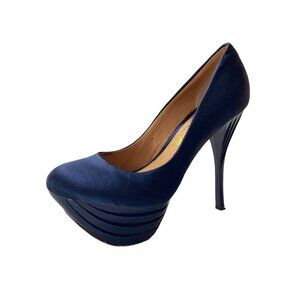 L.A.M.B. Gwen Stefani Womens Project Blue Satin Leather Platform Pump Heels 6.5